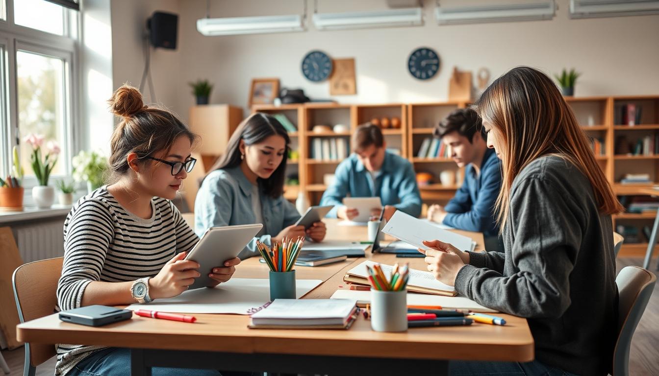 Students studying together in modern classroom